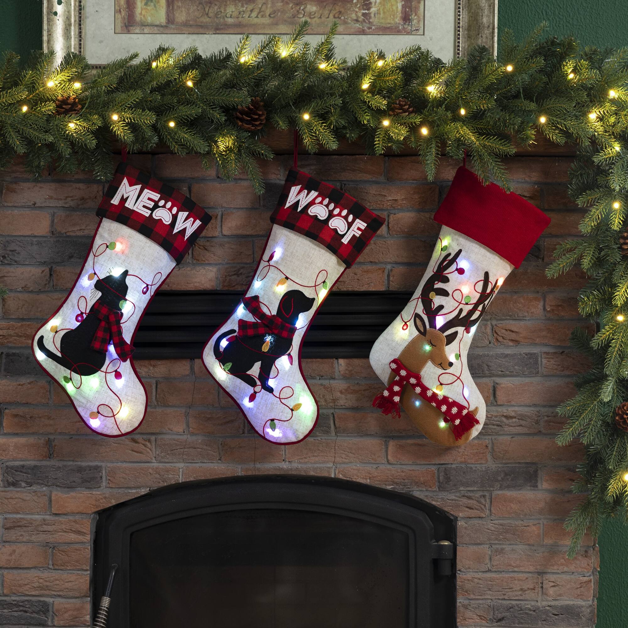 Glitzhome® 21" LED Embroidered Dog Linen Christmas Stocking